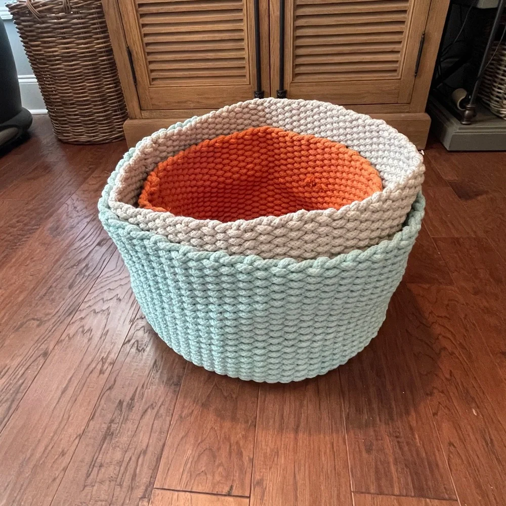 Crate&Barrel Knitted Storage Baskets - Orange, Blue, Cream